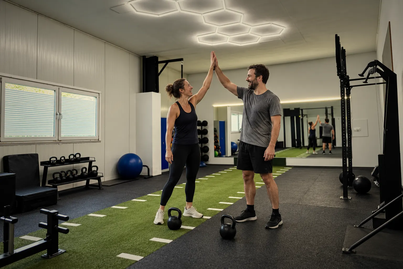 Zwei Mitglieder klatschen nach dem Training auf der Functional-Fläche ab