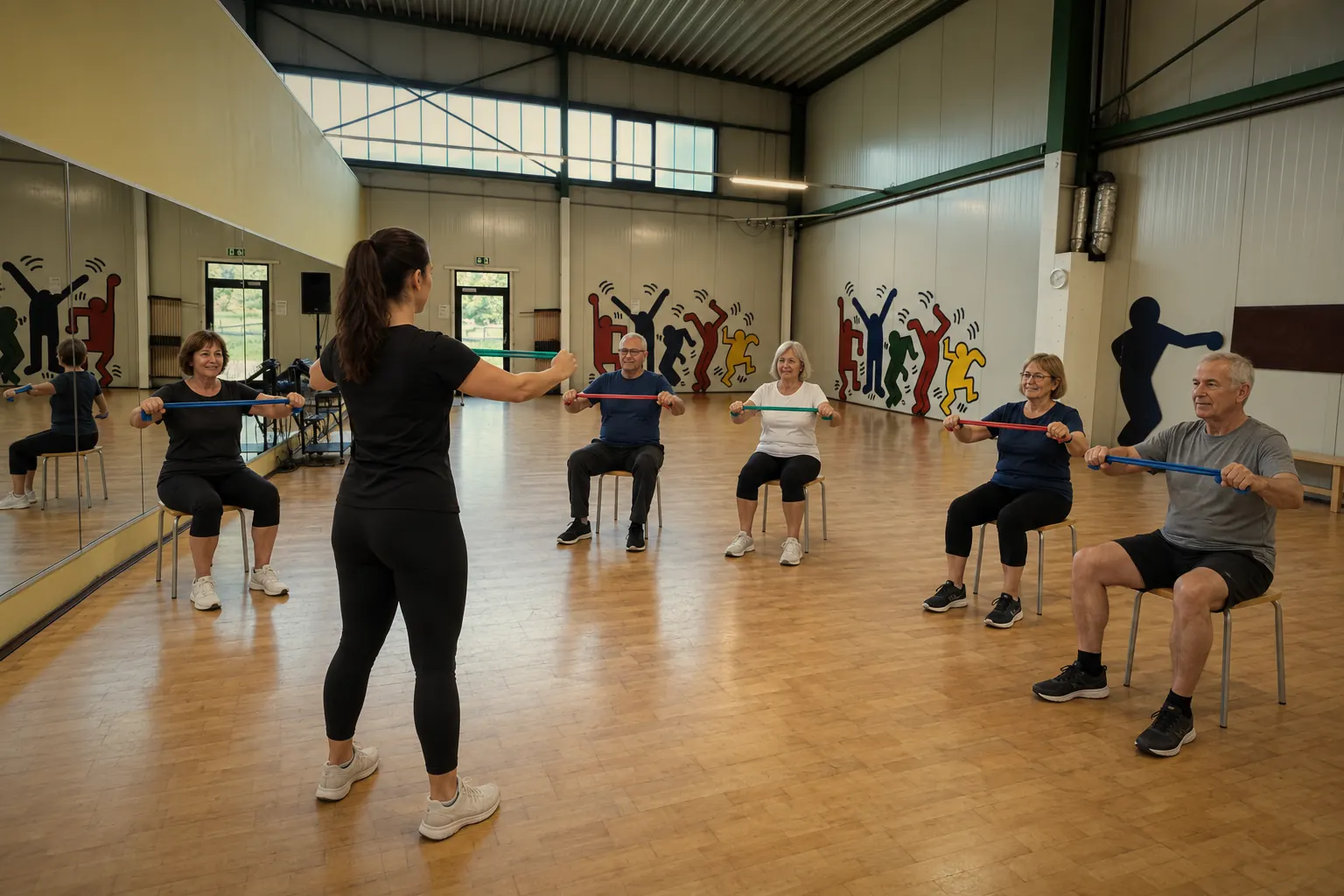 Rehasport-Gruppe übt auf Hockern mit dem Theraband im großen Kursraum
